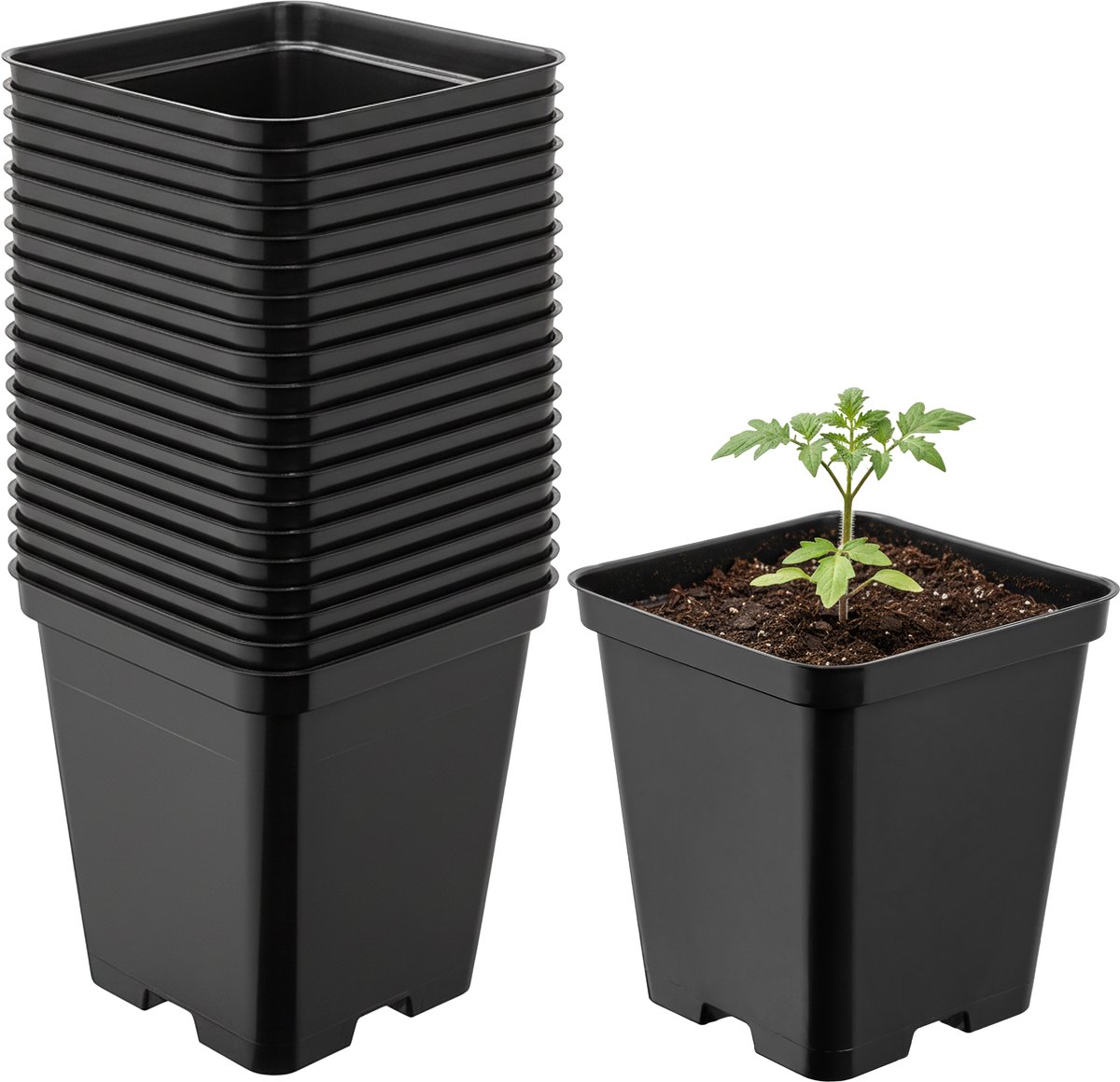 Garronda Set van 20 vierkante kunststof kweekpotten met drainagegaten voor tuin (Zwart, 9 x 9 x 9,6 cm (0,5L)) GD-KW-S