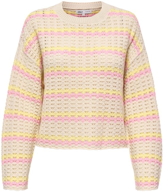 Pull en maille crème à rayures horizontales roses et jaunes et manches longues.