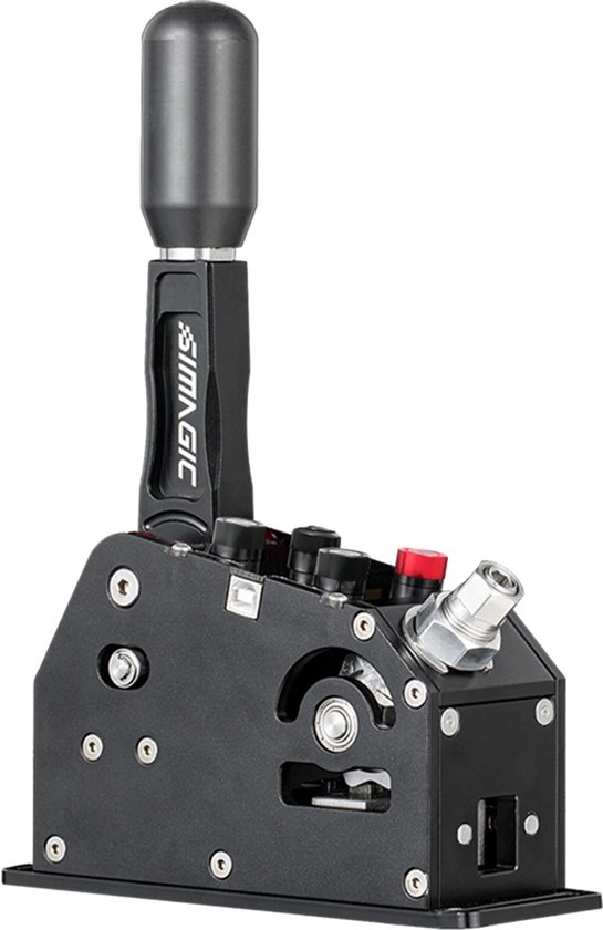 Zwarte sequentiele shifter met donkergrijze hendelknop, rode en zwarte knoppen en "SIMAGIC" logo.