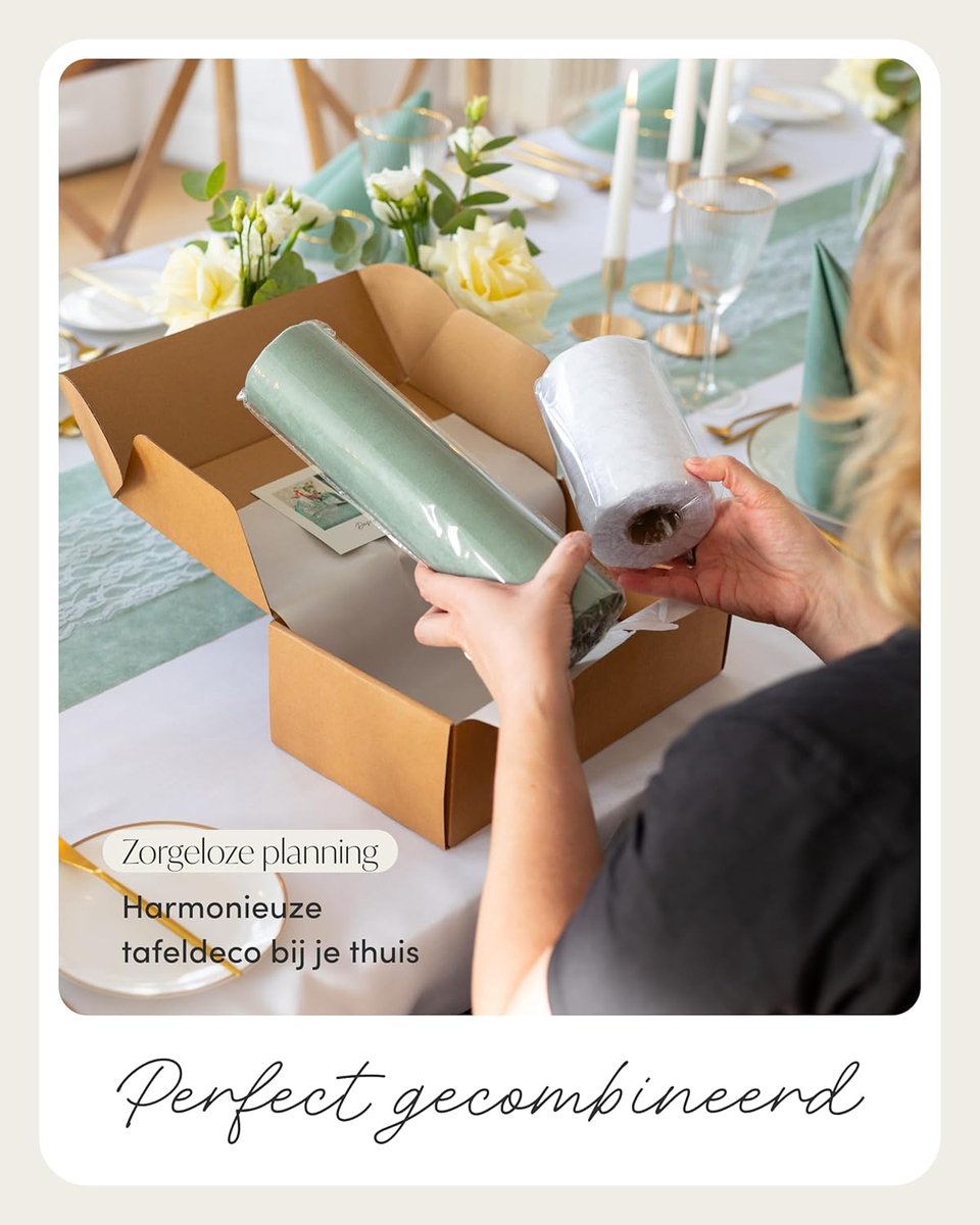 Tafelloper Set - Decoratie Rollen - Feestelijke Tafel - Dubbele Rol - 30cm x 25m - Groen Wit