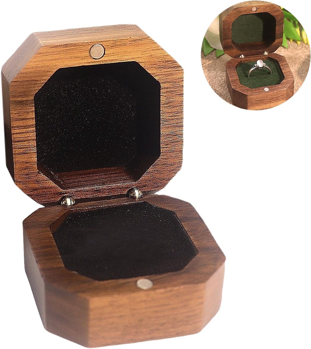 Houten Ring Doosje - Bruiloft Doosje - Huwelijksaanzoek Opslag - Massief Walnoothout - 5 x 5 x 3.2cm - Natuurlijk