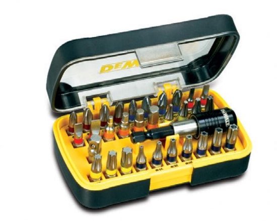 Gele DeWalt bitset in open, zwarte en gele cassette. De set bevat diverse schroefbits en een bithouder.