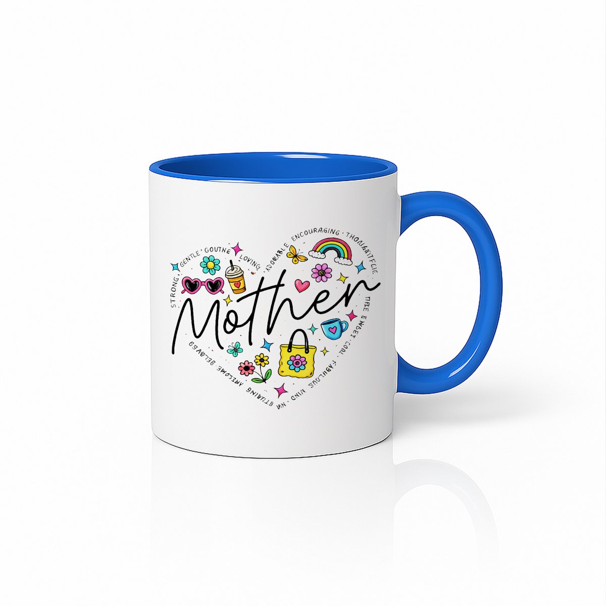 Blauw-Witte Moederdag Mok - Kleurrijke Hart Iconen - 330ml Keramisch Cadeau voor Mama