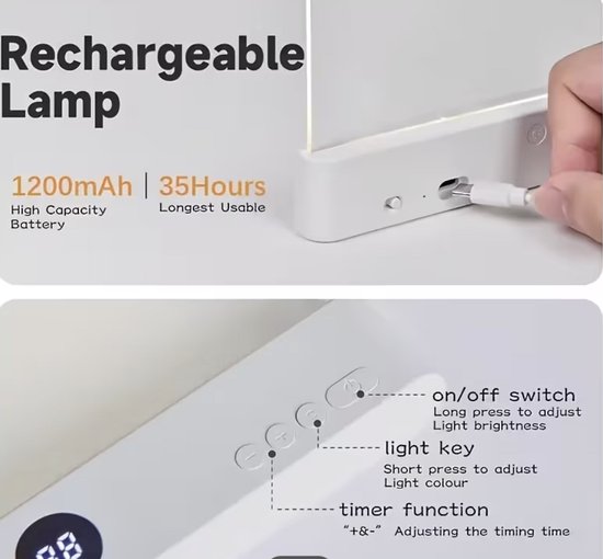 2-in-1 LED Leeslamp Volledige Pagina - USB Oplaadbaar - Instelbare Kleuren - Bedlampje - Draagbare Bladwijzerlicht - LED-leeslamp - Bright Light Lamp Board - Leeslamp voor lezen in bed - Oogvriendelijk - Met Timer - Draagbaar Nachtlampje - 1 stuk van Merkloos — afbeelding 4