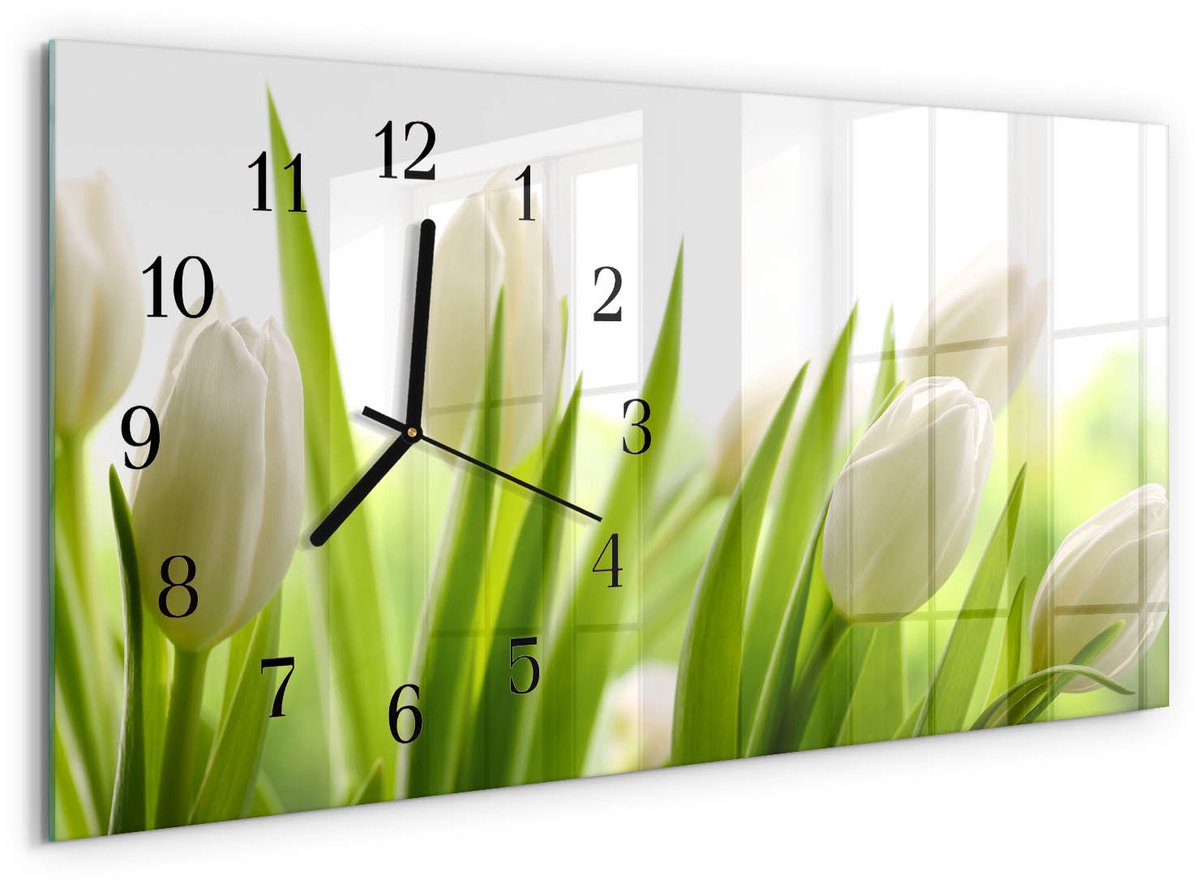 TULUP Wandklok - Witte tulpen Glazen Wandklok Design - 60x30 cm - Wit Klok Glas Met Opdruk - Zwarte Handen - Rechthoekige Wandklok - Klok Glas Met Opdruk - Moderne Wandklok Glas