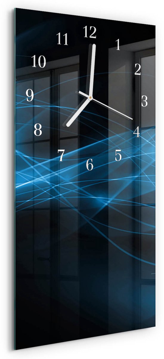 TULUP Wandklok - Abstractie Glazen Klok Met Print - 30x60 cm - Blauw Moderne Glazen Wandklok - Witte Handen - Rechthoekige Wandklok - Glazen Klok Met Print - Wandklok Glas Met Motief Blauw - Abstractie