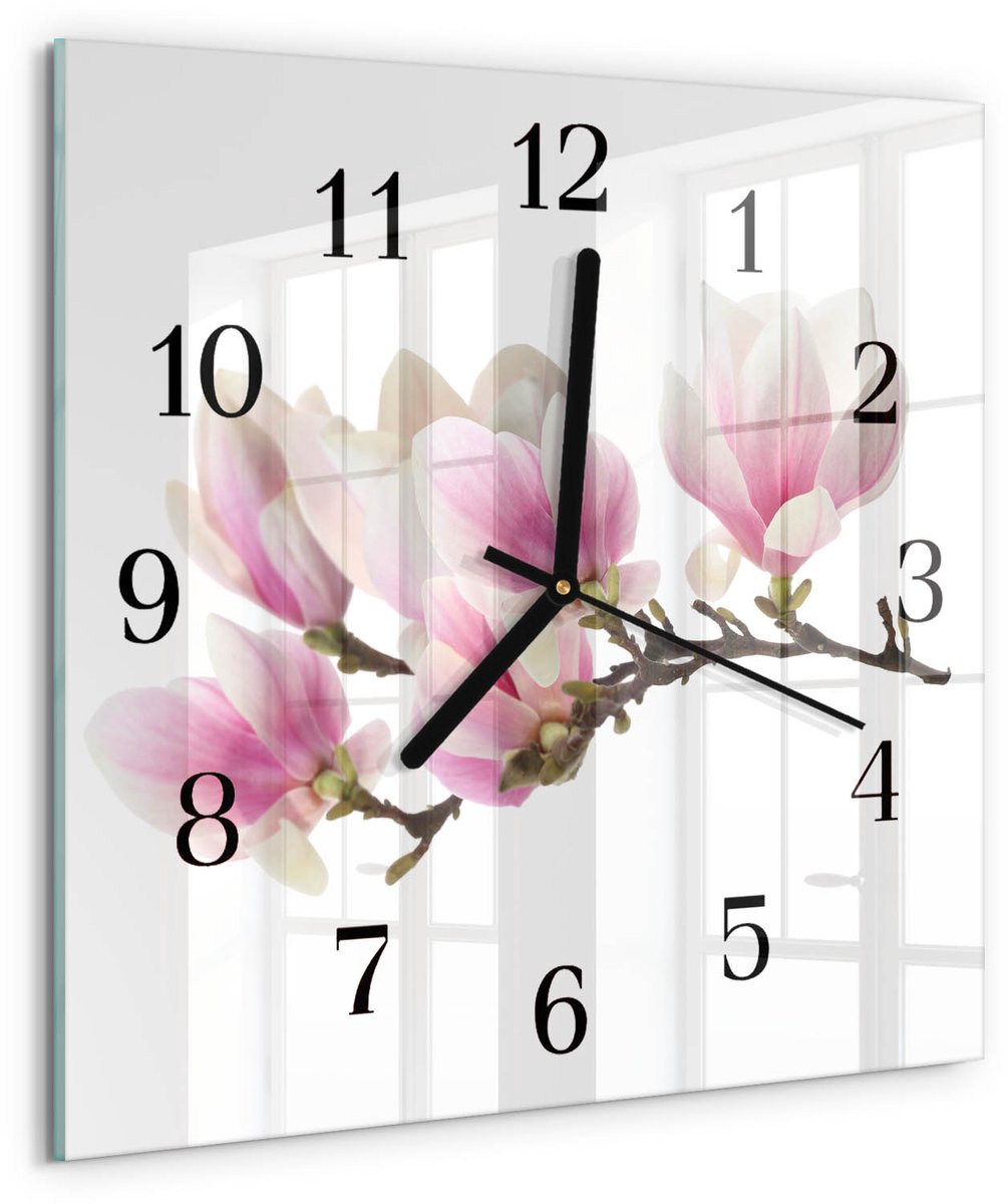 TULUP Wandklok - Magnolia Moderne Glazen Wandklok - 30x30 cm - Roze Wandklok Glas Met Motief - Zwarte Handen - Vierkante Wandklok - Moderne Wandklok Glas - Wandklok Glas Decoratie