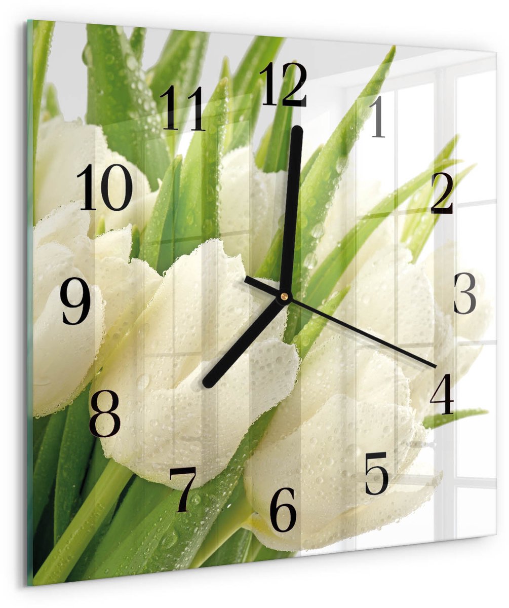 TULUP Wandklok - Tulpen Glazen Wandklok Design - 30x30 cm - Wit Klok Glas Met Opdruk - Zwarte Handen - Vierkante Wandklok - Decoratieve Glazen Klok - Glazen Wandklok Design Wit - Tulpen