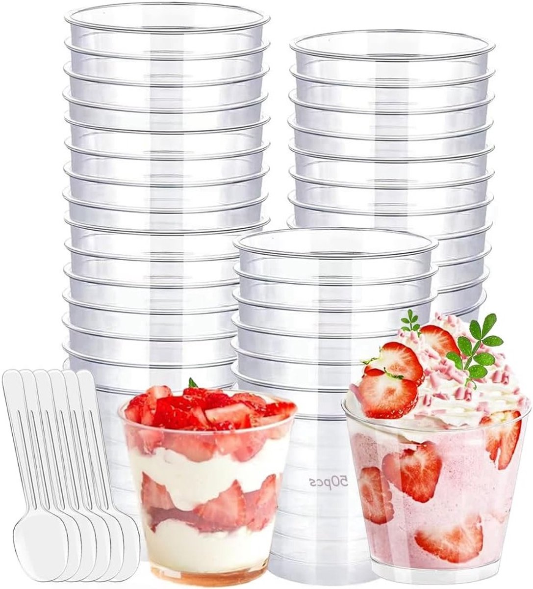 50x Herbruikbare Dessertbekers met Lepels (200 ml) – Transparant voor Feestjes en Desserts