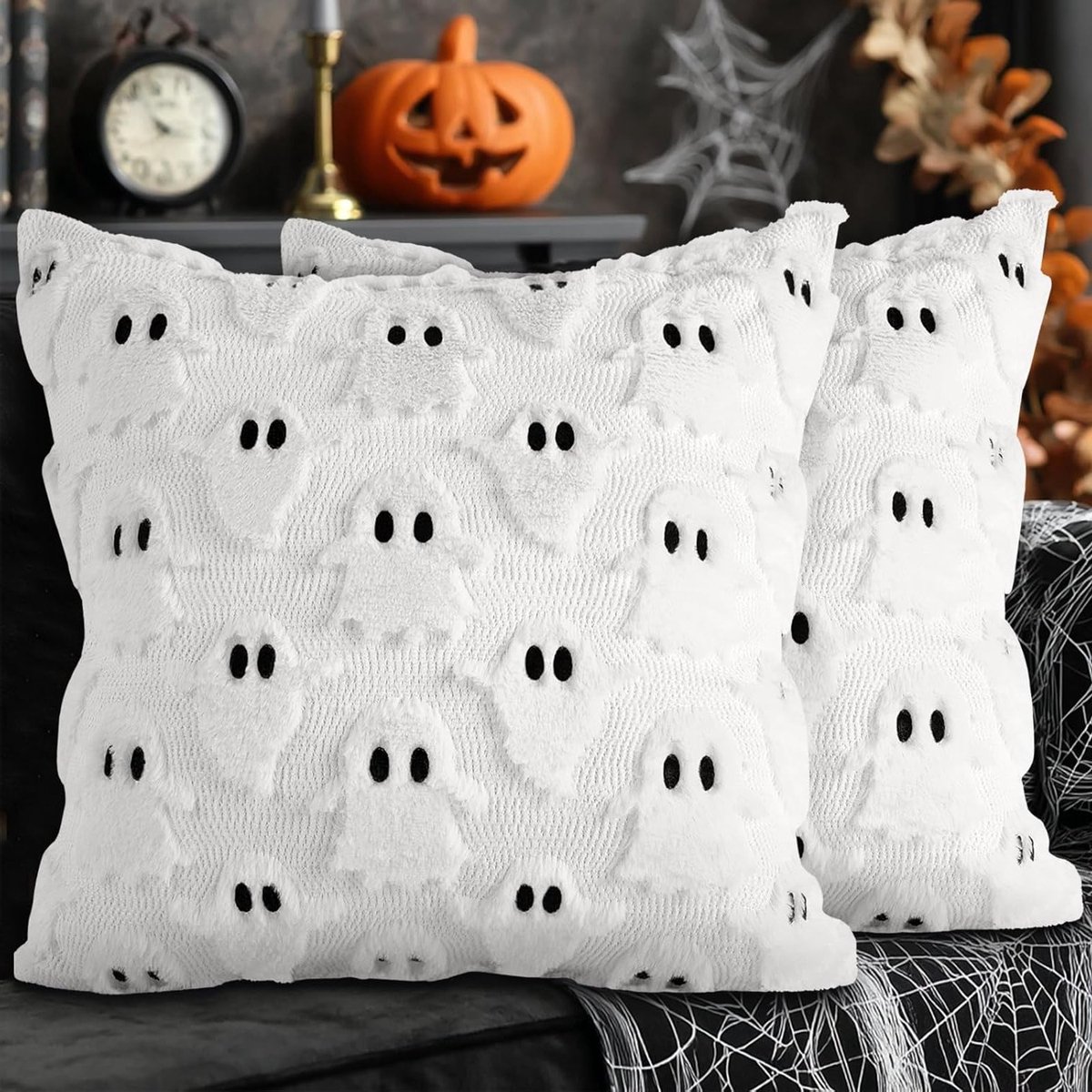 Halloween Kussenhoezen Set van 2 - 45x45cm Pluche Decoratieve Kussens voor Sofa en Bedden, Schattige Geest Motieven voor Thanksgiving en Halloween Decoratie