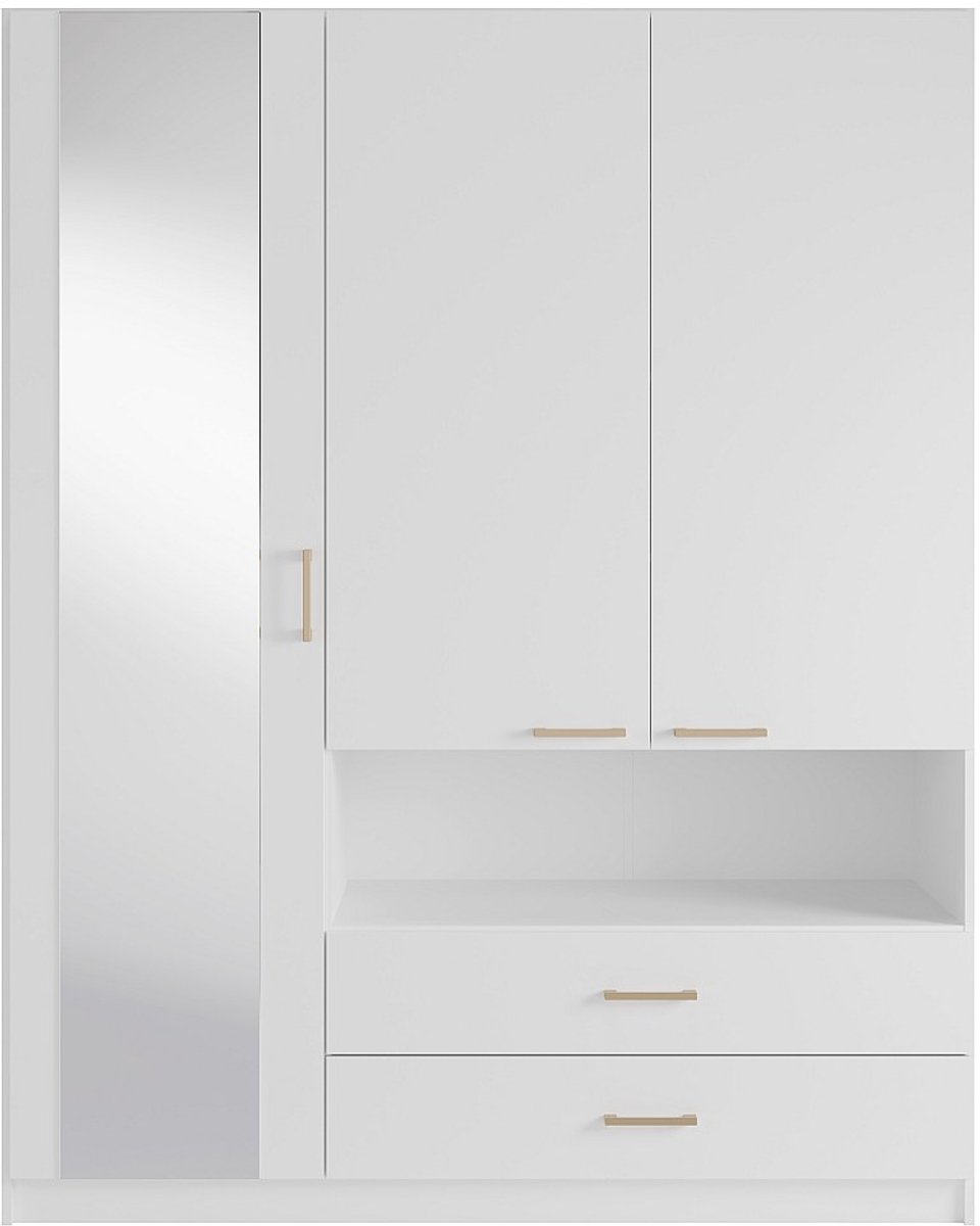 Vente-unique Kledingkast 3 deuren, 2 lades en 1 nis - Met spiegel - B160 cm - Wit - LYRIANO