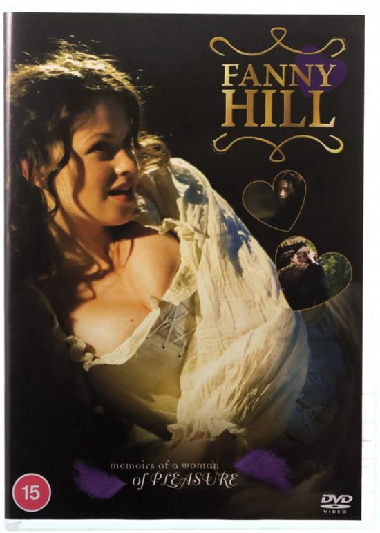 DVD-hoes van 'Fanny Hill' met een close-up van een vrouw met golvend bruin haar, gekleed in een rommelig wit korset en blouse. Inclusief kleine hartvormige beelden.