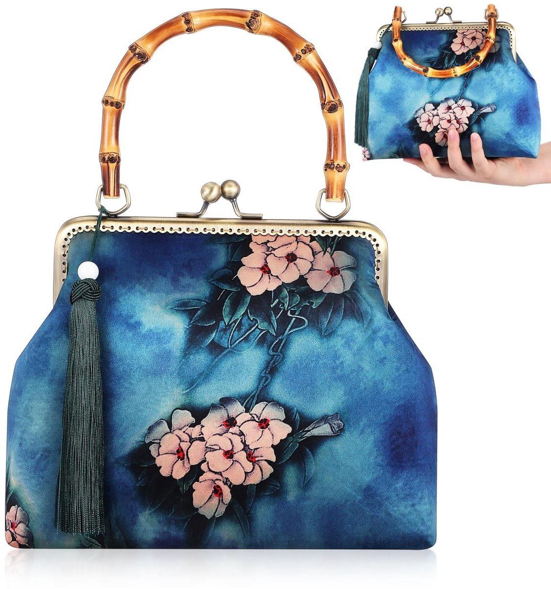 Allecto - Vintage Handbag - Elegante Jacquard Tas - Bamboe Handvat - Perfect voor Uitgaan - Stijlvol en Ruim - Geschikt voor Diverse Gelegenheden -...