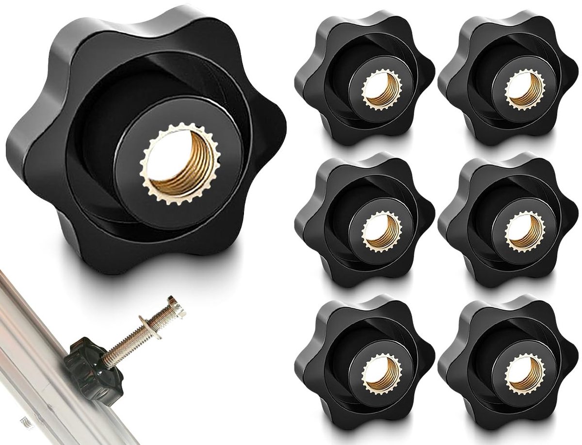 Allecto - stervormige knopmoer M8 - Messing vleugelmoer - handmatige toepassing - zwarte kleur - gekartelde moeren - voor klemknoppen - 6 stuks