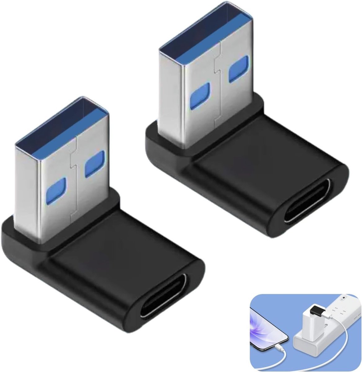 Set van 2 USB C Hoekadapters 90 Graden - Ruimtebesparende Korte USB A naar USB C Data-adapter voor Laptop, Smartphone en Tablet - 10 Gbps en 100 W Aluminium Plug