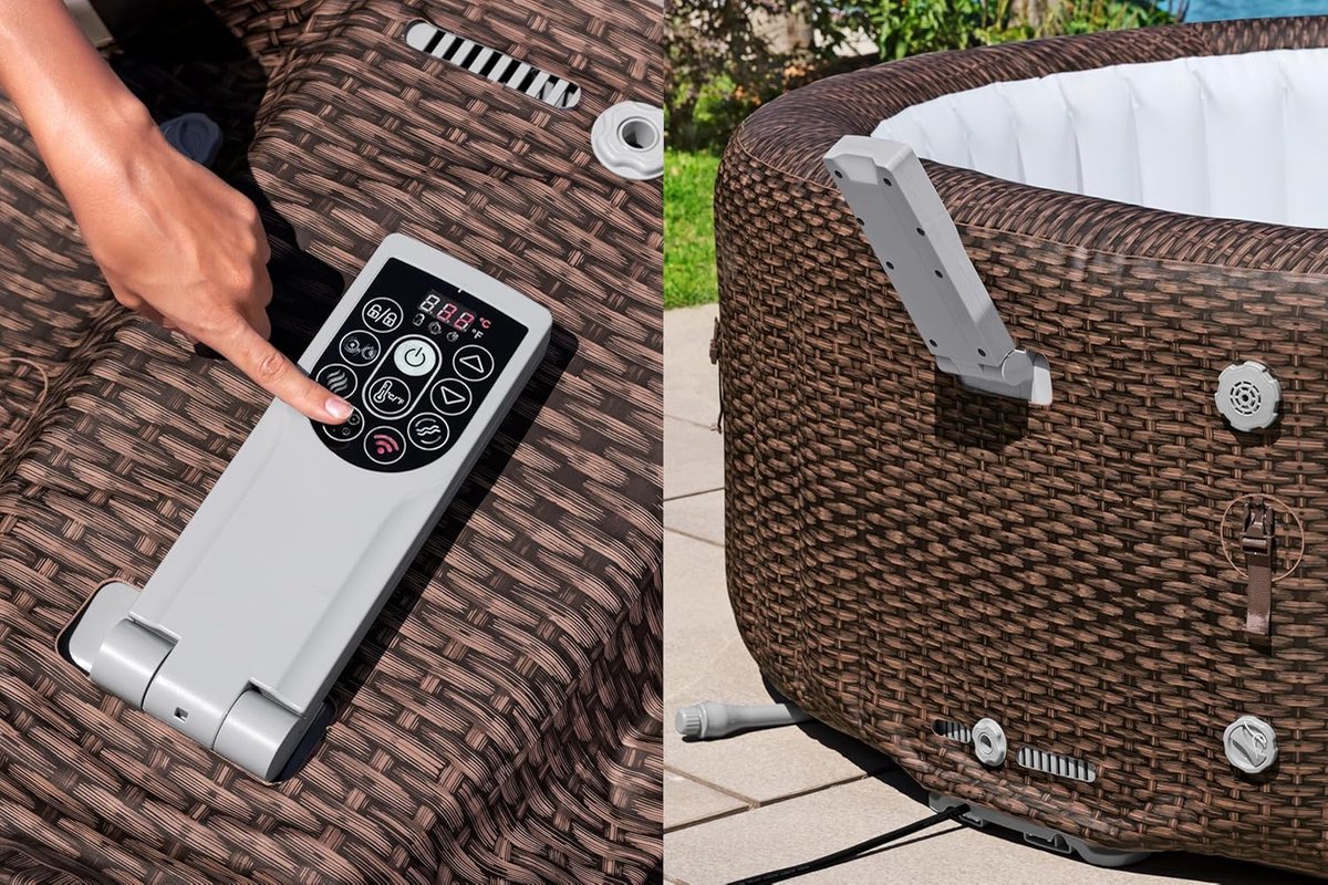 Opblaasbare Whirlpool 7 Personen – HomeByNicole Bali Smart Luxe Spa Ø216 cm – 180 AirJets – App Besturing – Energiezuinig – Verwarming tot 40°C – UltraFit Pomp – Outdoor & Indoor Jacuzzi – Rotan Look Bruin
