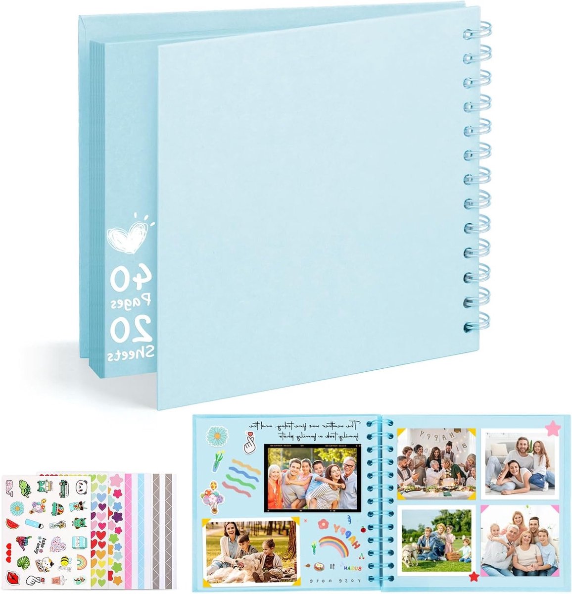 Scrapbook Photo Album - 6 Inch - Gepersonaliseerd Foto Boek - DIY Herinneringen Album - Vierkant Hardcover Album - Bruiloft - Baby - Jubileum - Speciale Cadeau Ideeën - Blauw - 20 Vellen