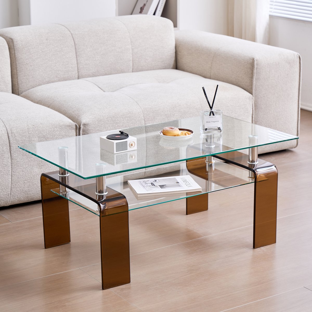 MODENUIT Salontafel - Tweelaags Gehard Glas - Voor Woonkamer En Kantoor - Glas En Metaal - 100x55x45 Cm