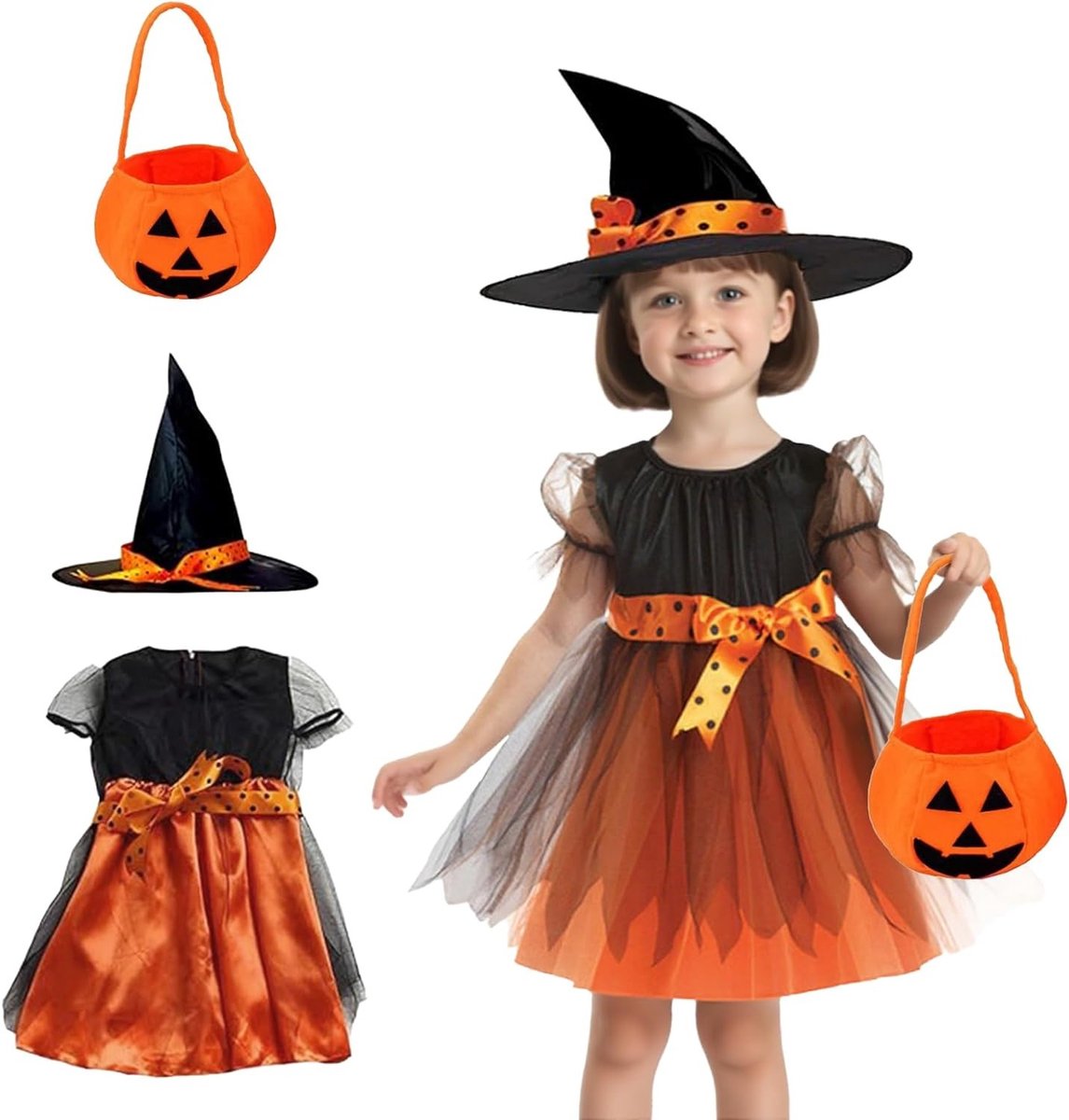 Halloween Kostuum Set voor Meisjes, Inclusief Heksenhoed, Rok en Pompoentas voor Feestelijke Cosplay en Verkleedpartijen