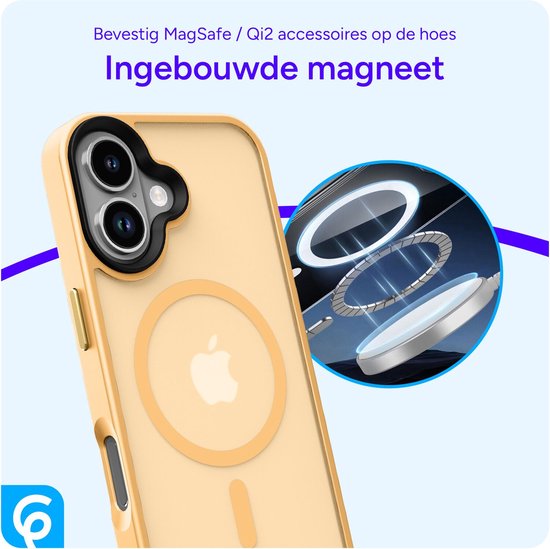 Coque de téléphone dorée avec dos mat, le texte "Fixez les accessoires MagSafe / Qi2 sur la coque" et "Aimant intégré".