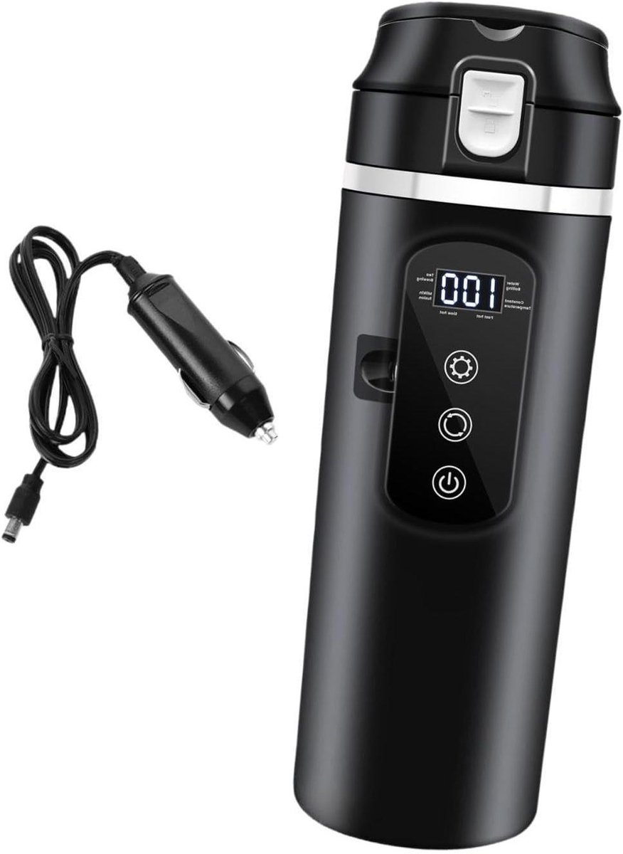 Slimme waterkoker voor in de auto, ideaal voor buitenavonturen. Robuuste constructie en LED-temperatuurindicatoren. 12V/24V elektrische waterkoker voor in de auto met verwarmde beker.