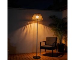 Boho-windlicht voor buiten, sfeerverlichting op zonne-energie, rotan vloerlamp met stoffen kap, eenvoudige montage zonder gereedschap, voor balkon, terras, tuin, decoratie