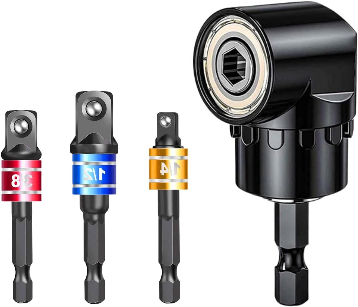 Hoekschroevendraaier 105°, Hulpadapter 1/4" Hex Shank Boor + 3 Stuks Socket Adapters (1/4", 1/2", 3/8"), Hexaansluitingen, Moerset, Universele Adapter voor Klusprojecten