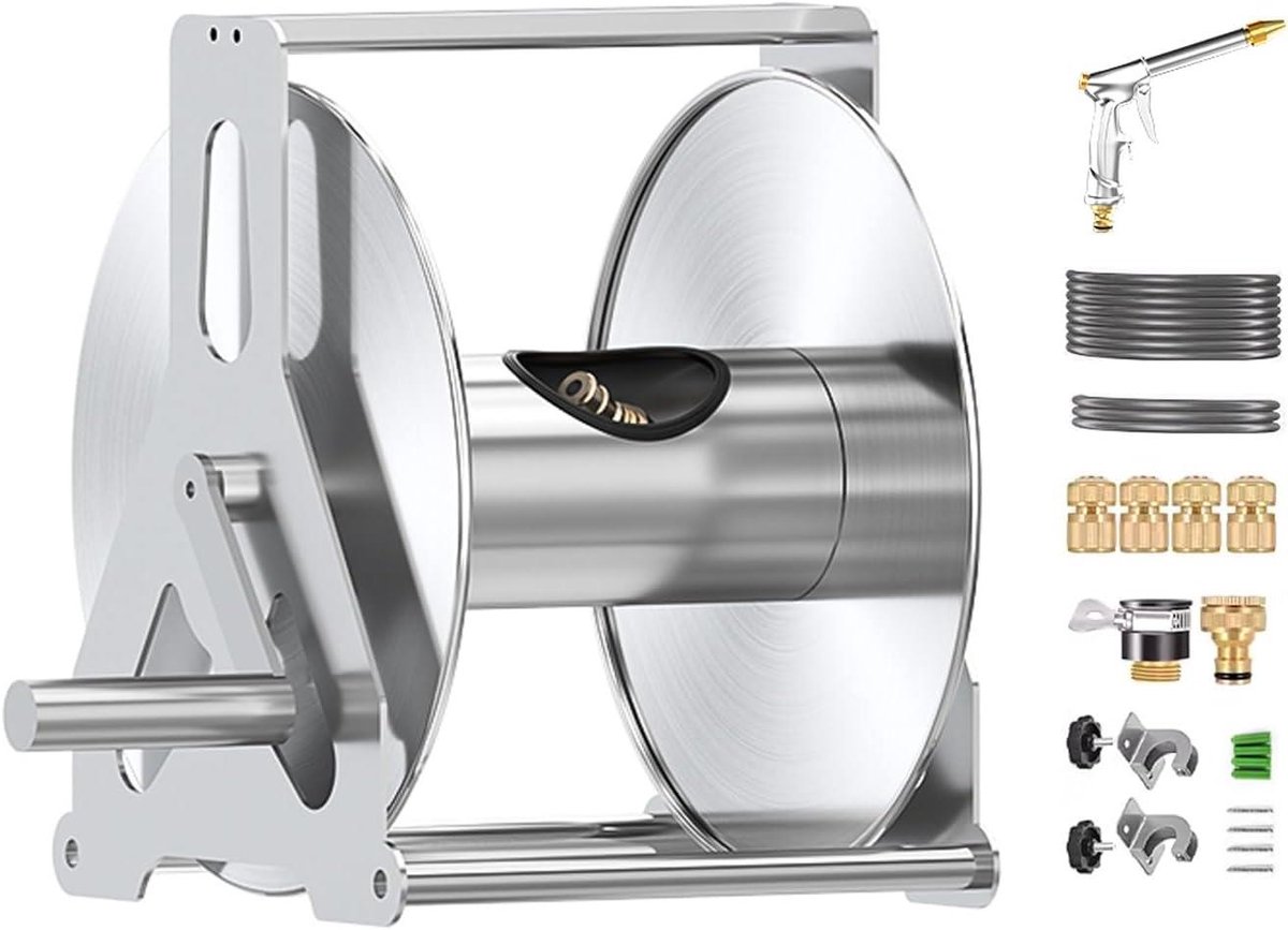 Slanghaspel rek - Slanghouder muur - Tuinslang opbergen - Aluminiumlegering gepolijst - 30 meter - Zilver