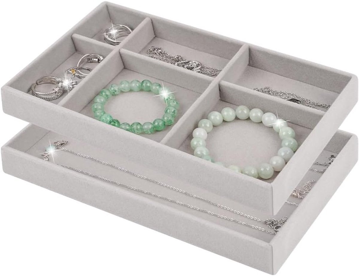 Stapeltableau voor Sieraden met 6 Vakken en Grote Tray voor Oorbellen, Kettingen en Ringen, Grijs