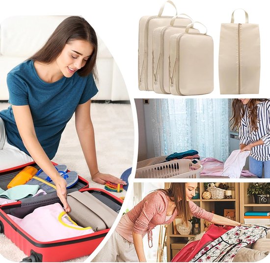 Compressie Packing Cubes - Reis Opbergzakken - Efficiënt Inpakken - Dubbele Rits Compressie - 4 Delig - Beige — afbeelding 4
