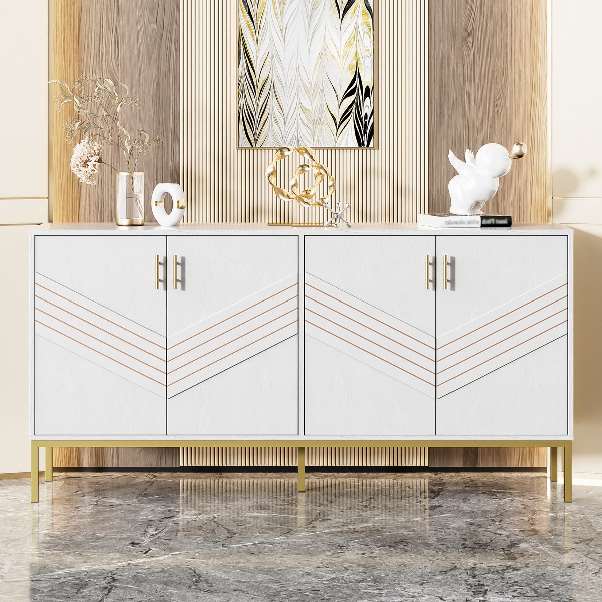 Sideboard - 160x40x80,5 cm wit/goud - 4 deuren & verstelbare planken - metalen poten - geometrisch design