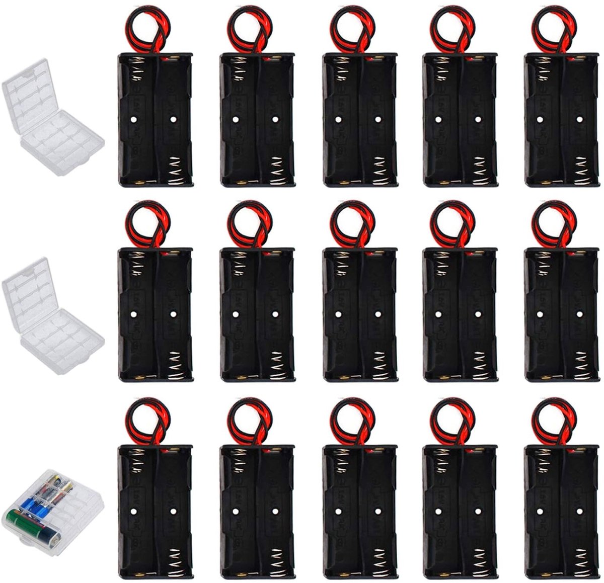 Dailygoods - Set van 15 Kunststof Batterijhouders voor 2 AA Batterijen met Aansluitkabel