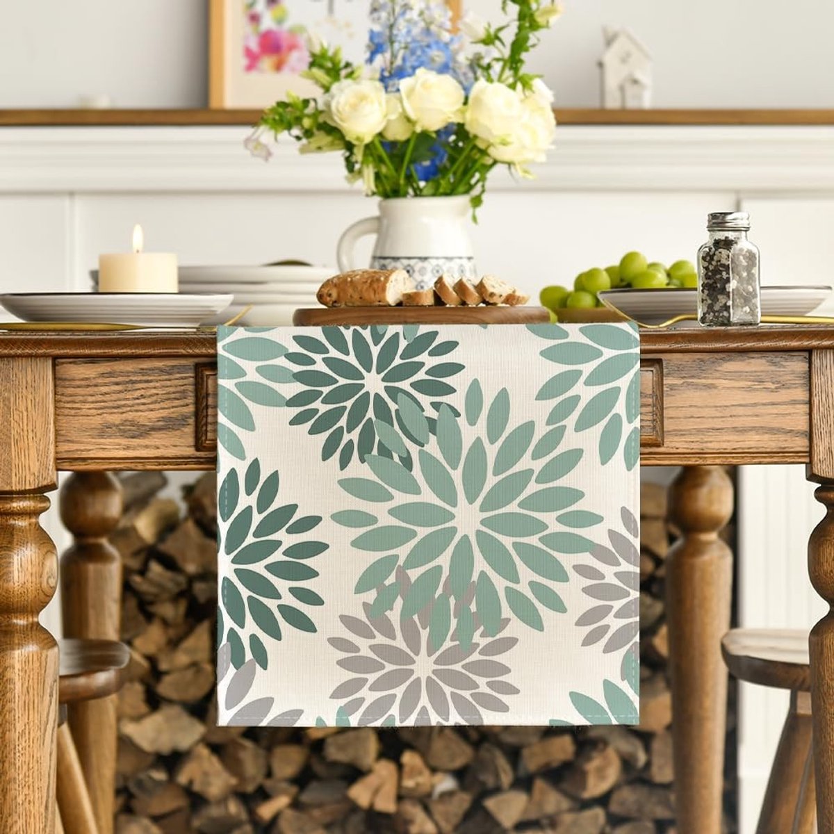 Dailygoods - Tafelloper met Bloemenprint in Watergroen 40 x 100 cm