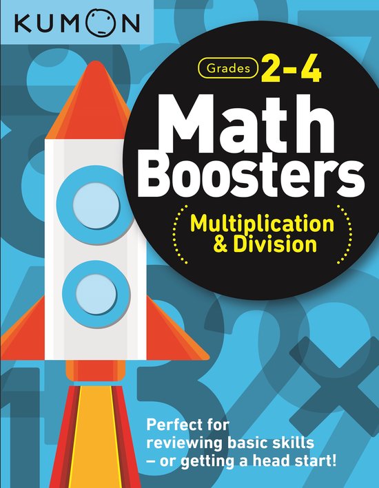Kumon Math Boosters werkboek voor groep 3-4, met raket, voor vermenigvuldigen en delen.