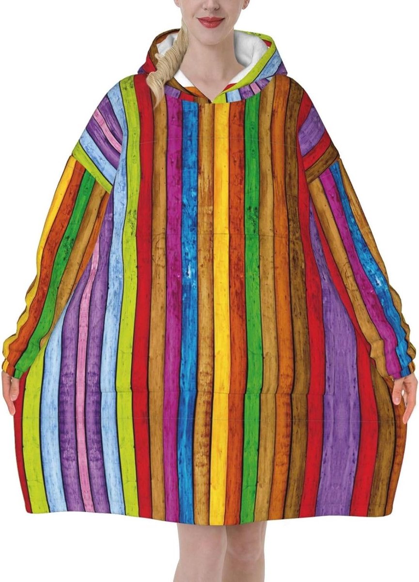 Deken Hoodie - Draagbare deken - Gezellig thuis - Houtprint design - Uniseks volwassene - Multicolor