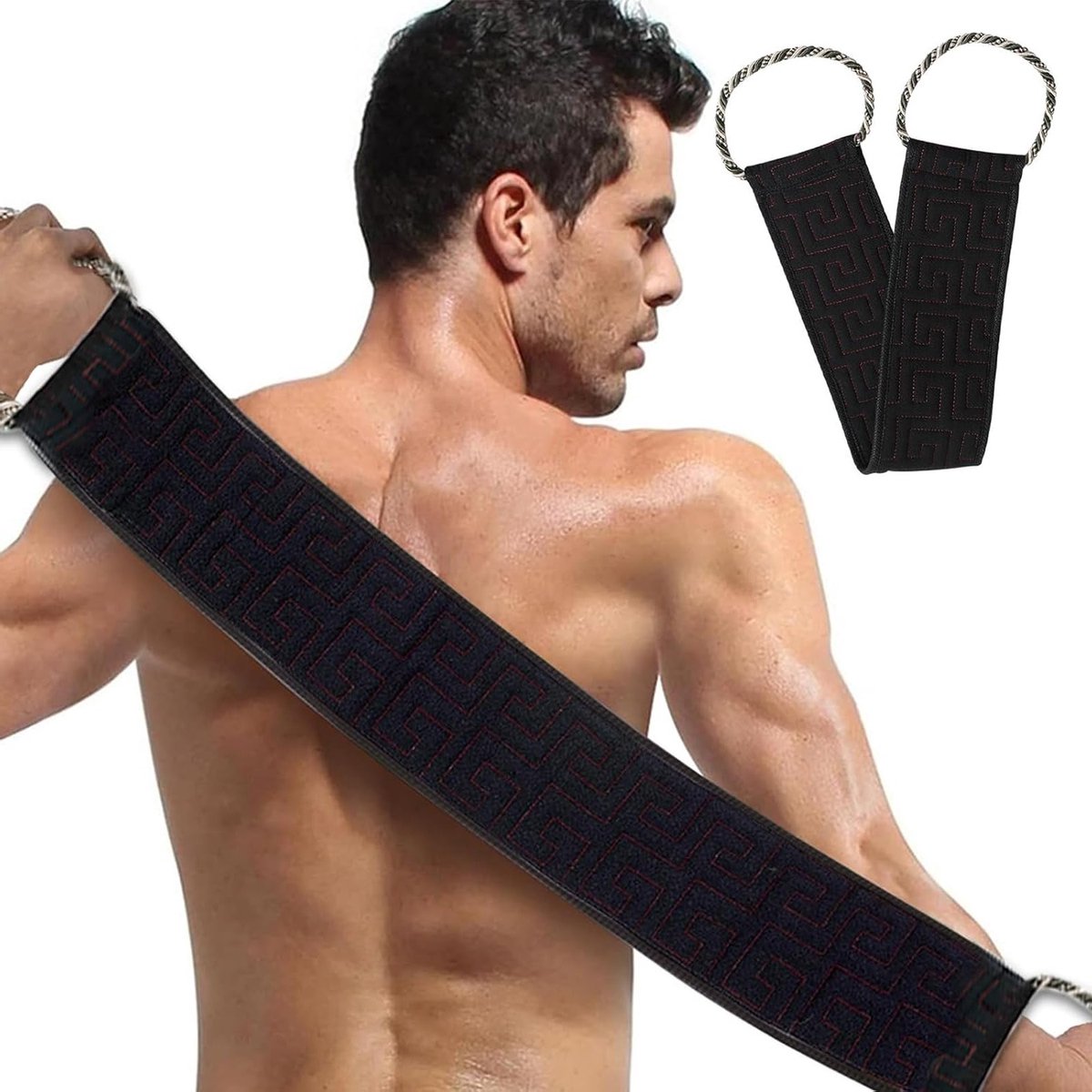 Exfoliërende Douchetowel met Handvatten en Peeling Handschoen, 2-delige Set voor Dode Huid Verwijderen, Ideaal voor Lichaamsverzorging en Wellness (Zwart)
