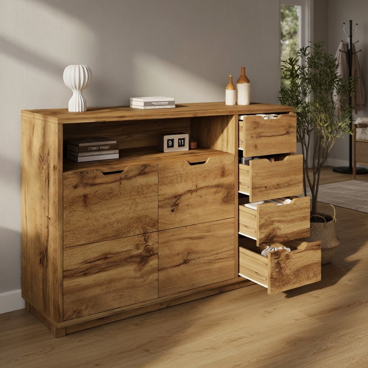 KOMHTOM - Commode Sideboard in eikenlook met open vak - 2 deuren, 4 lades - in hoogte verstelbare planken - softclose metalen scharnieren en kantelbeveiliging - opbergruimte voor woonkamer & hal - 150x40x90 cm
