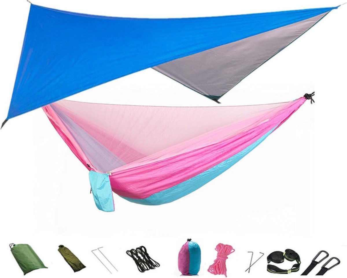 Kampeerhangmat met net - Nylon hangmat - Buiten ontspannen - Geïntegreerd muggennet - 290x140 cm - Blauw Roze