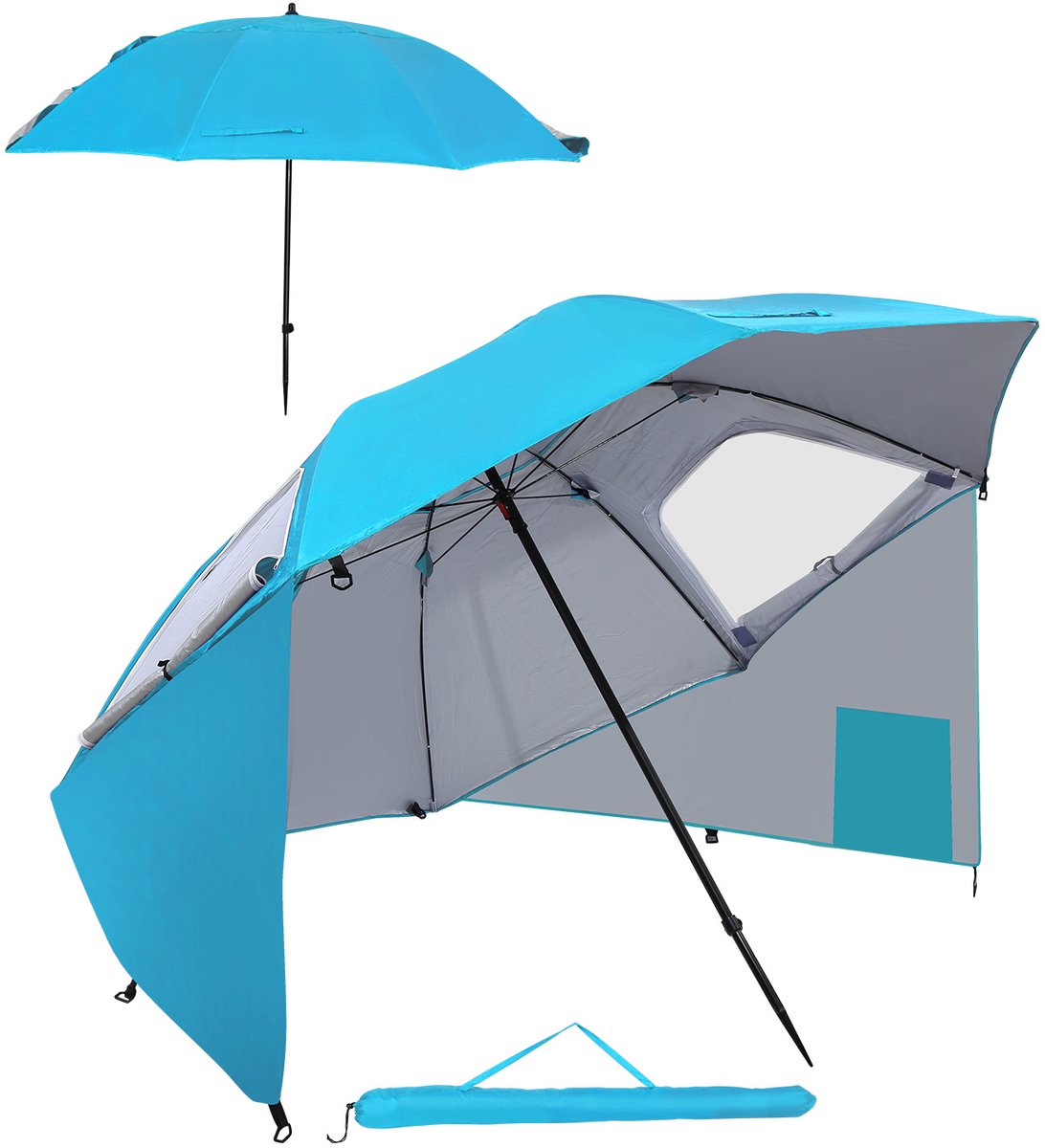 Strandparasol 210 cm UV50+ waterafstotend met draagtas, strand, tuin, camping, hemelsblauw