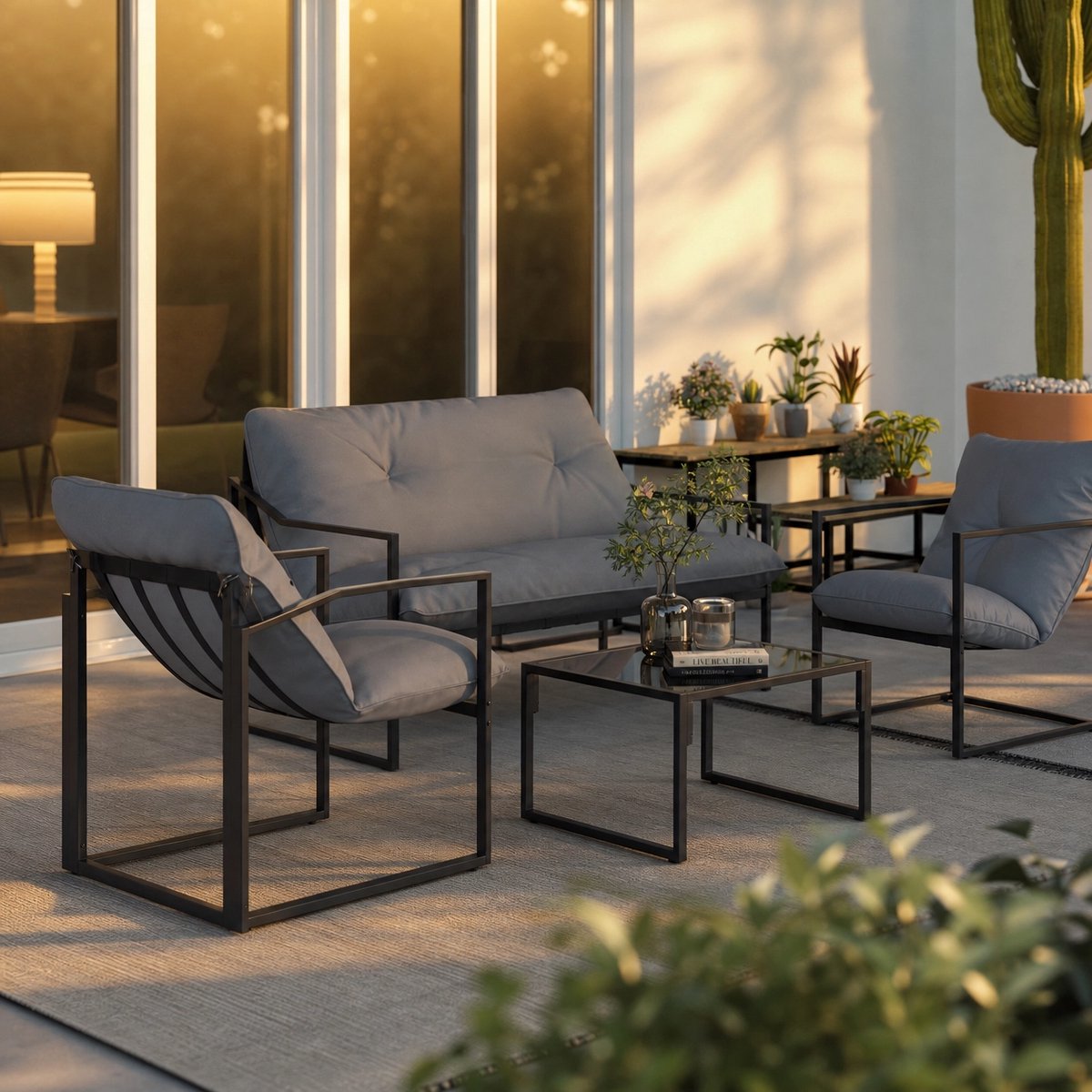 4-delige tuinset voor 4 personen met een 2-zitsbank, 2 fauteuils en 1 salontafel, grijs – foto 6
