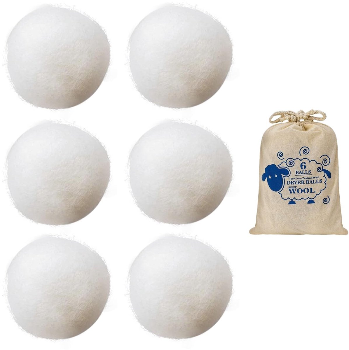 Dailygoods - Set van 6 Ecologische Woldroogballen met Katoenen Tas