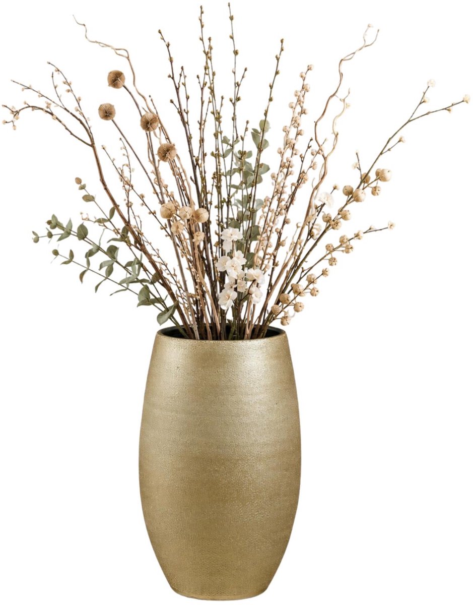 Mica Decorations hoge Plantenpot - keramiek - goud glans / ribbels - D30 x H50 cm - bloempot Porto