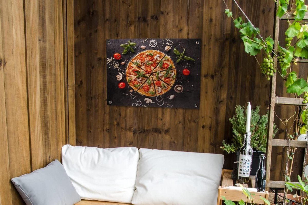 Tuinposter - 80x60 cm - Pizza - Groente - Kruiden - Keuken - Industrieel