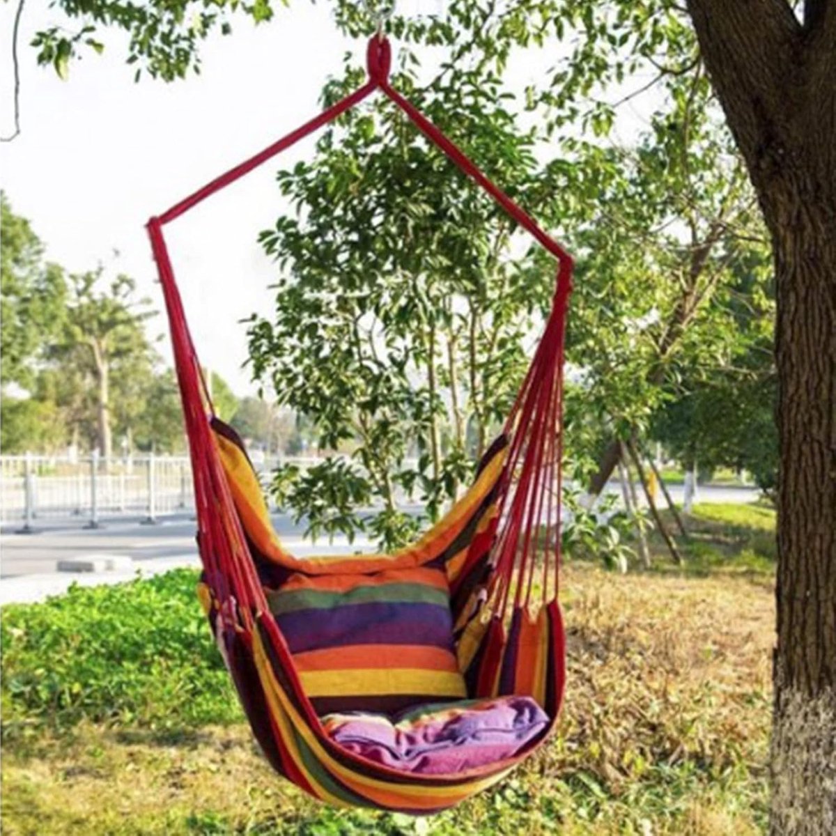 Hangmat Stoel - Katoenen Schommel - Buiten Ontspannen - Stevige Stalen Frame - 835 gram - Gestreepte Kleuren