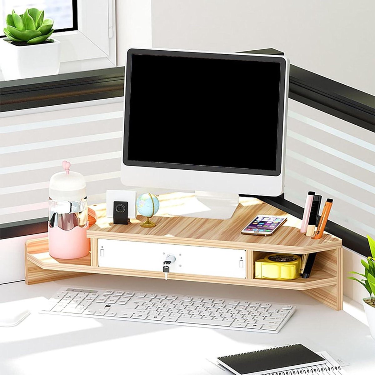 Monitor standaard - Bureau verhoger - Bureau organiseren - Met lade - Hoekmodel - Natuurlijk
