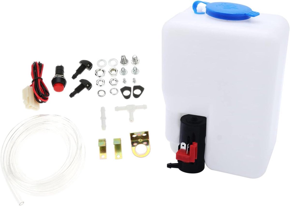 Ruitensproeier Flessenset - Sproei Set - Voorruit Reinigen - Compact 1.2L Fles - 12V Pomp - Wit