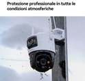 Witte beveiligingscamera met dubbele lens tijdens regen, IP66 weerbestendig.