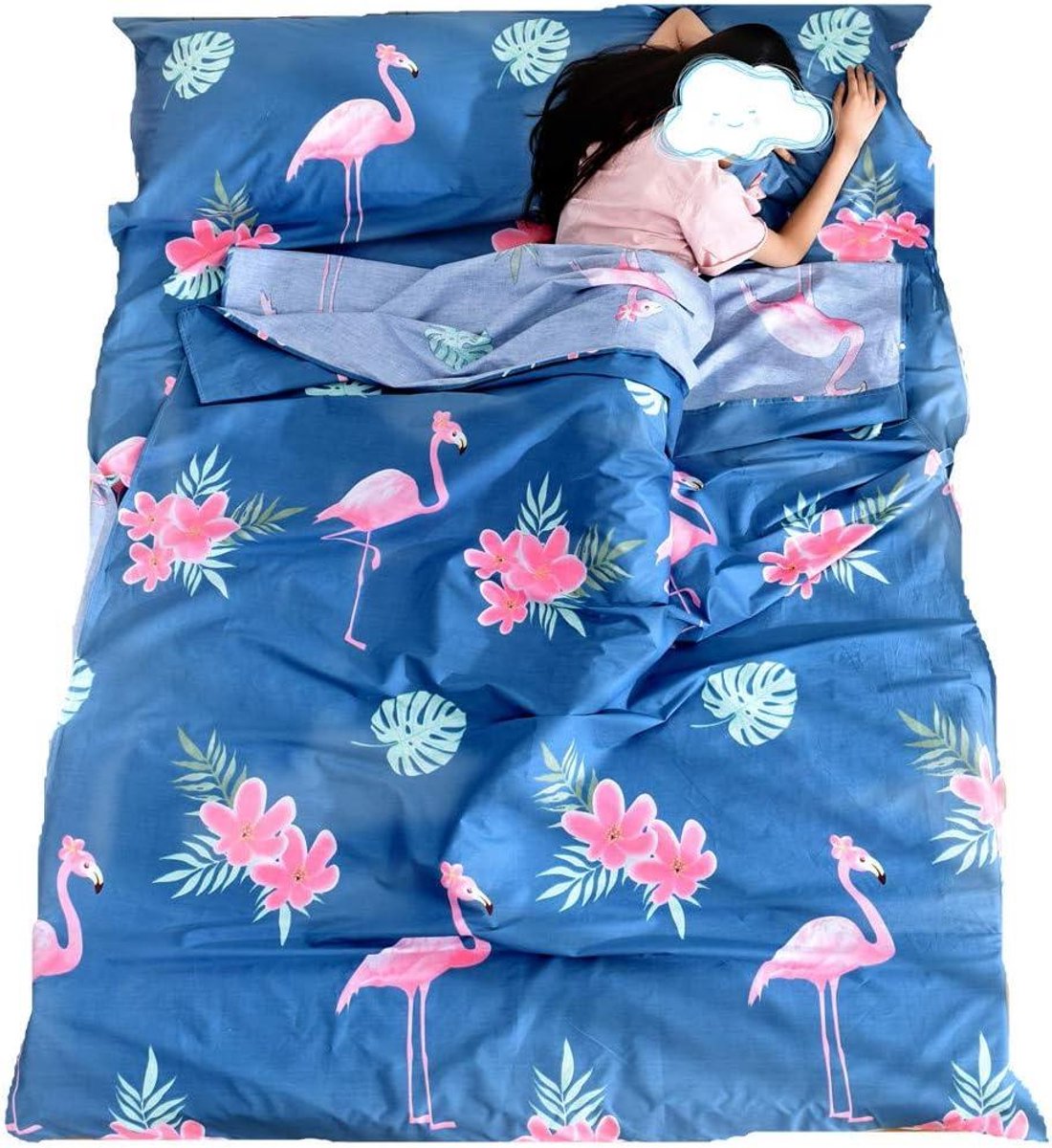 Slaapzak Liner - Reis Laken - Hygiënisch Slapen - Geïntegreerd Kussensloop - 200x230cm - Flamingo