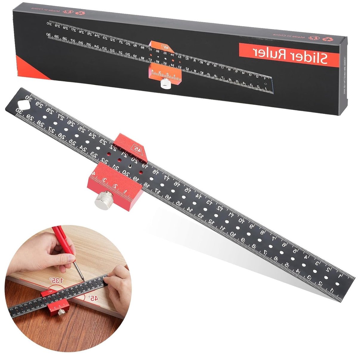 Professionele 300 mm Stopliniaal met 45°/90° Hoek, Perfect voor Houtbewerking en DIY Projecten, Stevige Combinatiewerktool