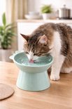 Een wit-bruine kat drinkt water uit een lichtblauwe, verhoogde kattenbak met oor-details.